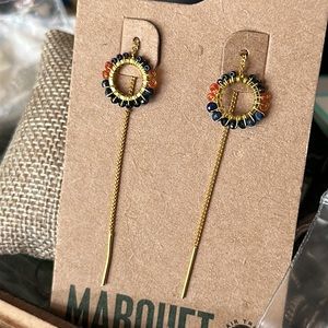 Pierced earrings handmade NWT ORANGE AND BLUE long golden chains with bar